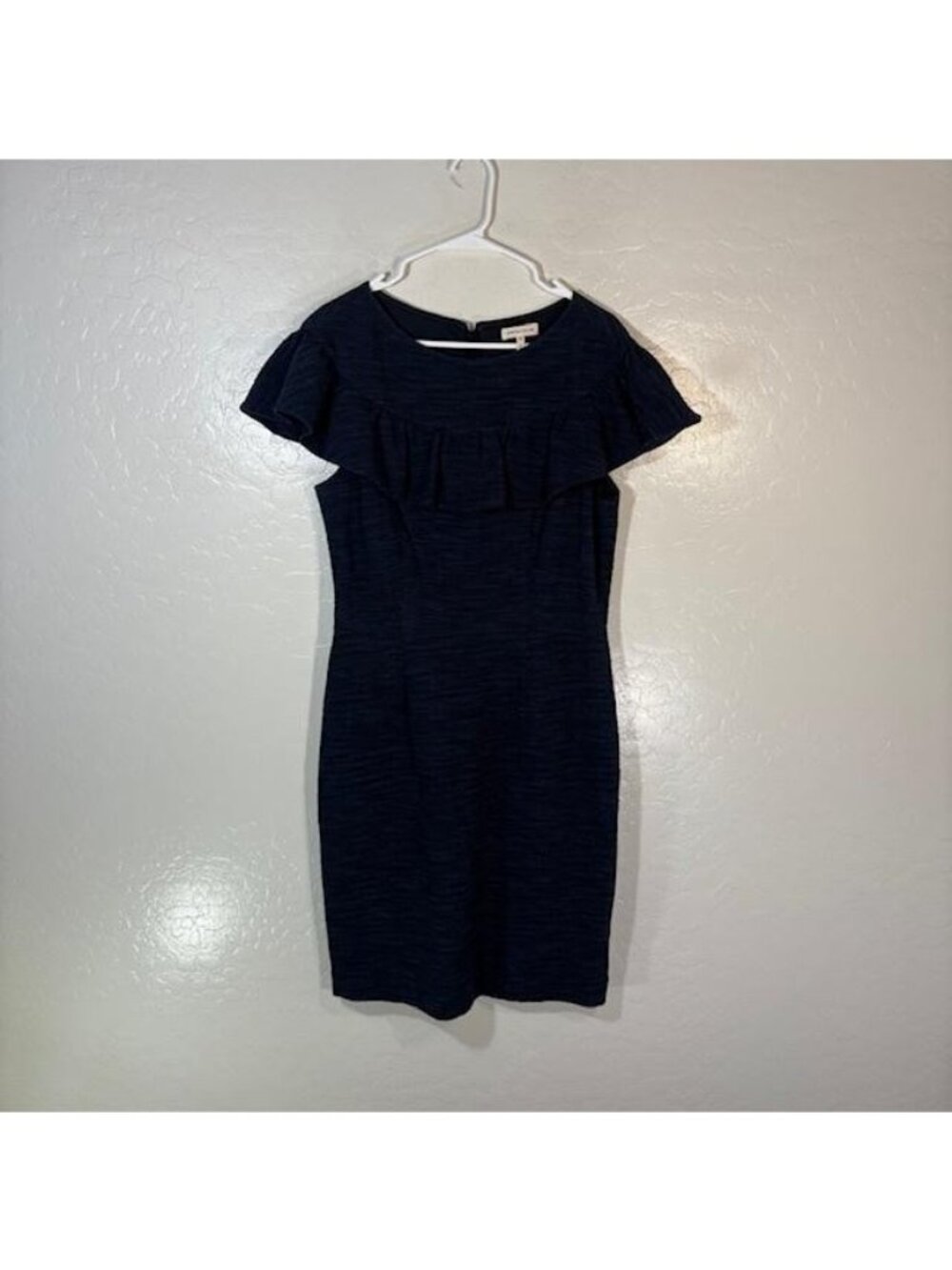 Rebecca Taylor Dress Womens 10 Blue Knit Ruffle Flutter Sleeve Sheath Short